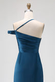 Ink Blue One Shoulder Satin Sheath Long Bridesmaid Dress
