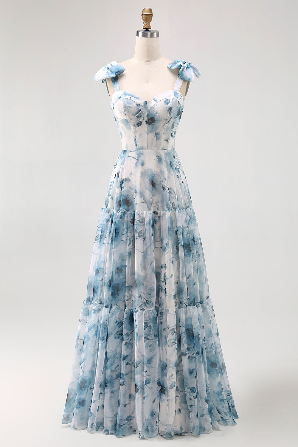 Zapakasa Women Blue Floral Chiffon Spaghetti Straps Long Bridesmaid Dress A Line Lace Up Back Wedding Guest Dress with Bows