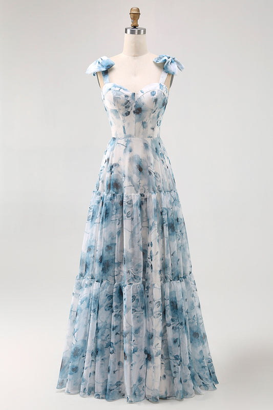 Zapakasa Women Blue Floral Chiffon Spaghetti Straps Long Bridesmaid Dress A Line Lace Up Back Wedding Guest Dress with Bows