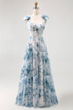Zapakasa Women Blue Floral Chiffon Spaghetti Straps Long Bridesmaid Dress A Line Lace Up Back Wedding Guest Dress with Bows