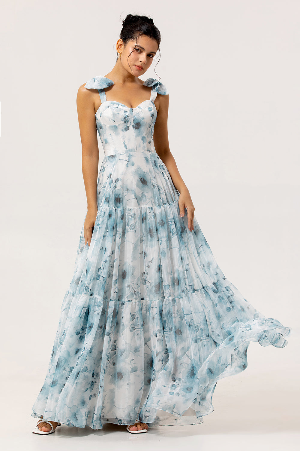 Blue A Line Floral Chiffon Long Bridesmaid Dress with Bows
