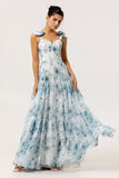 Blue A Line Floral Chiffon Long Bridesmaid Dress with Bows