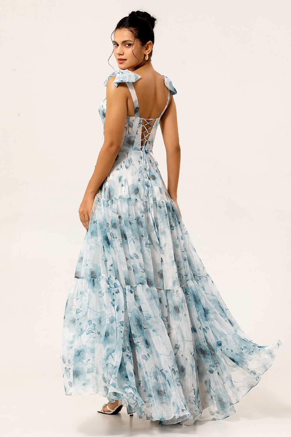 Zapakasa Women Blue Floral Chiffon Spaghetti Straps Long Bridesmaid Dress A Line Lace Up Back Wedding Guest Dress with Bows Zapakasa Women Blue Floral Chiffon Spaghetti Straps Long Bridesmaid Dress A Line Lace Up Back Wedding Guest Dress with Bows