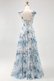 Blue A Line Floral Chiffon Long Bridesmaid Dress with Bows