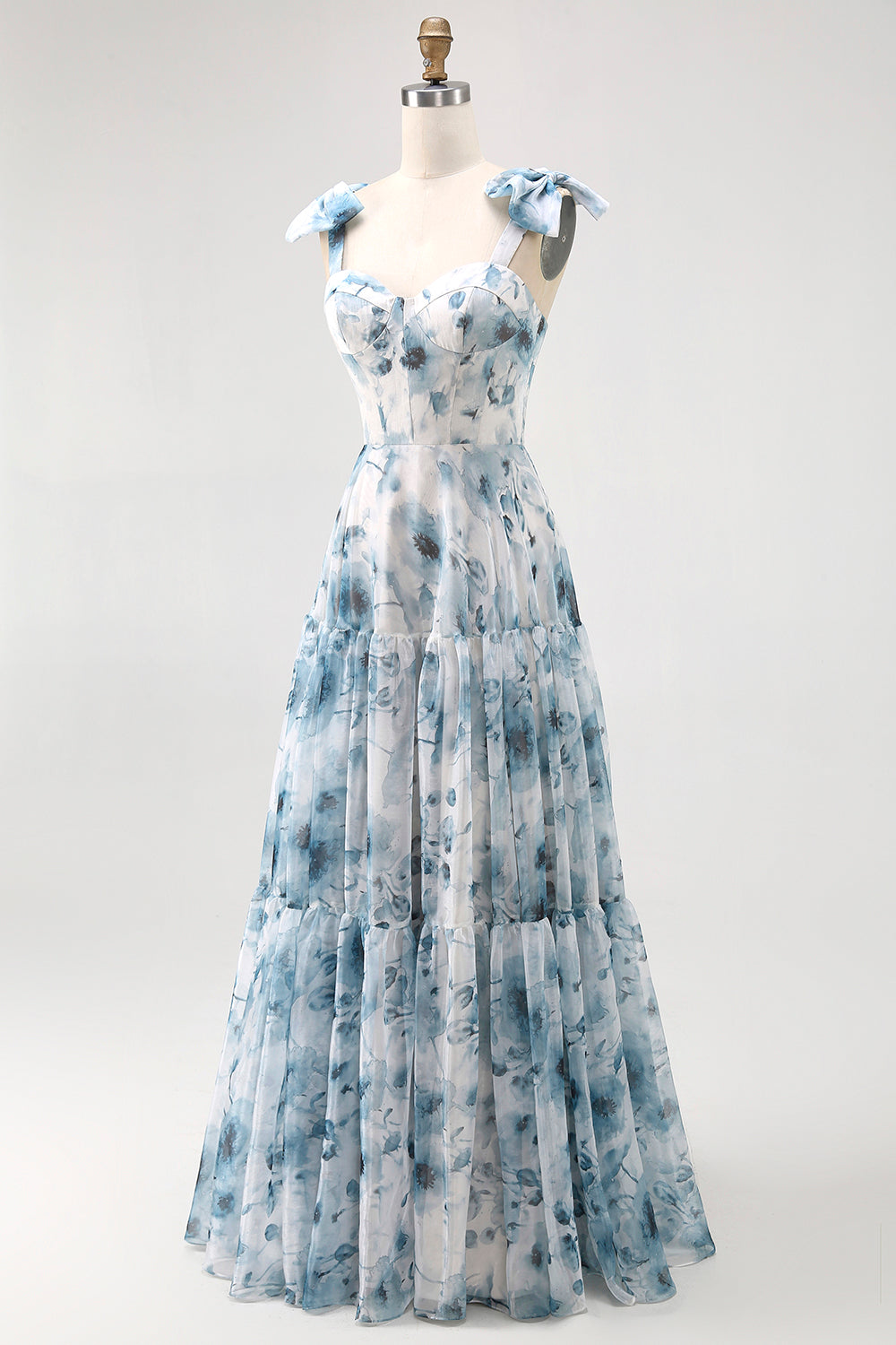 Blue A Line Floral Chiffon Long Bridesmaid Dress with Bows