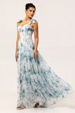 Blue A Line Floral Chiffon Long Bridesmaid Dress