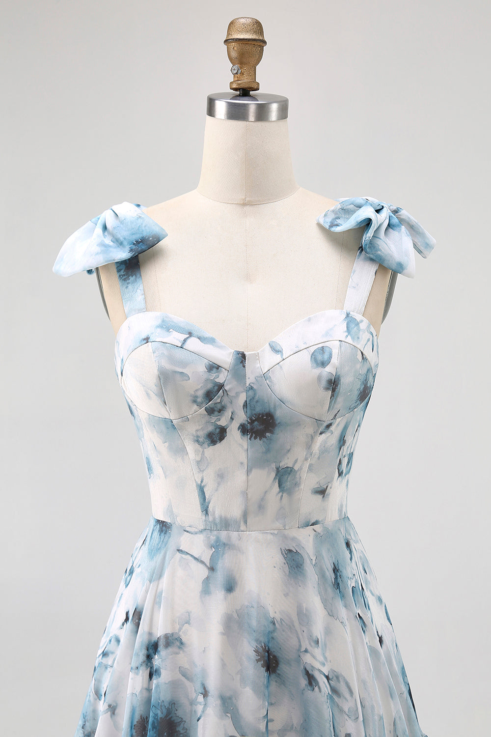 Blue A Line Floral Chiffon Long Bridesmaid Dress with Bows
