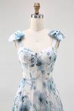 Blue A Line Floral Chiffon Long Bridesmaid Dress with Bows