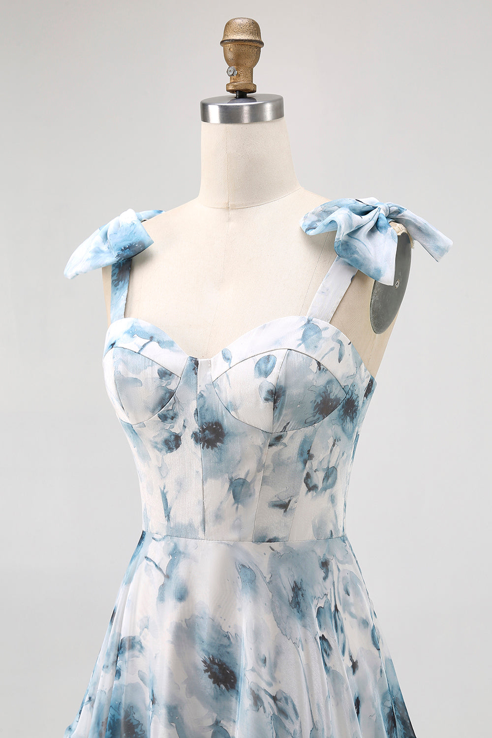 Blue A Line Floral Chiffon Long Bridesmaid Dress with Bows