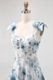 Blue A Line Floral Chiffon Long Bridesmaid Dress with Bows