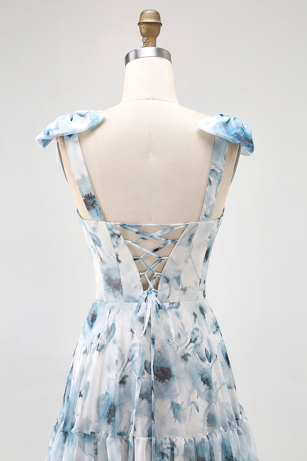 Blue A Line Floral Chiffon Long Bridesmaid Dress with Bows