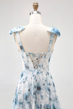 Blue A Line Floral Chiffon Long Bridesmaid Dress with Bows