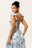 Blue A Line Floral Chiffon Long Bridesmaid Dress
