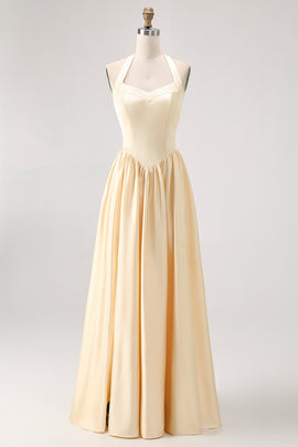 Daffodil Satin Halter A Line Long Bridesmaid Dress