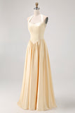 Daffodil Satin Halter A Line Long Bridesmaid Dress