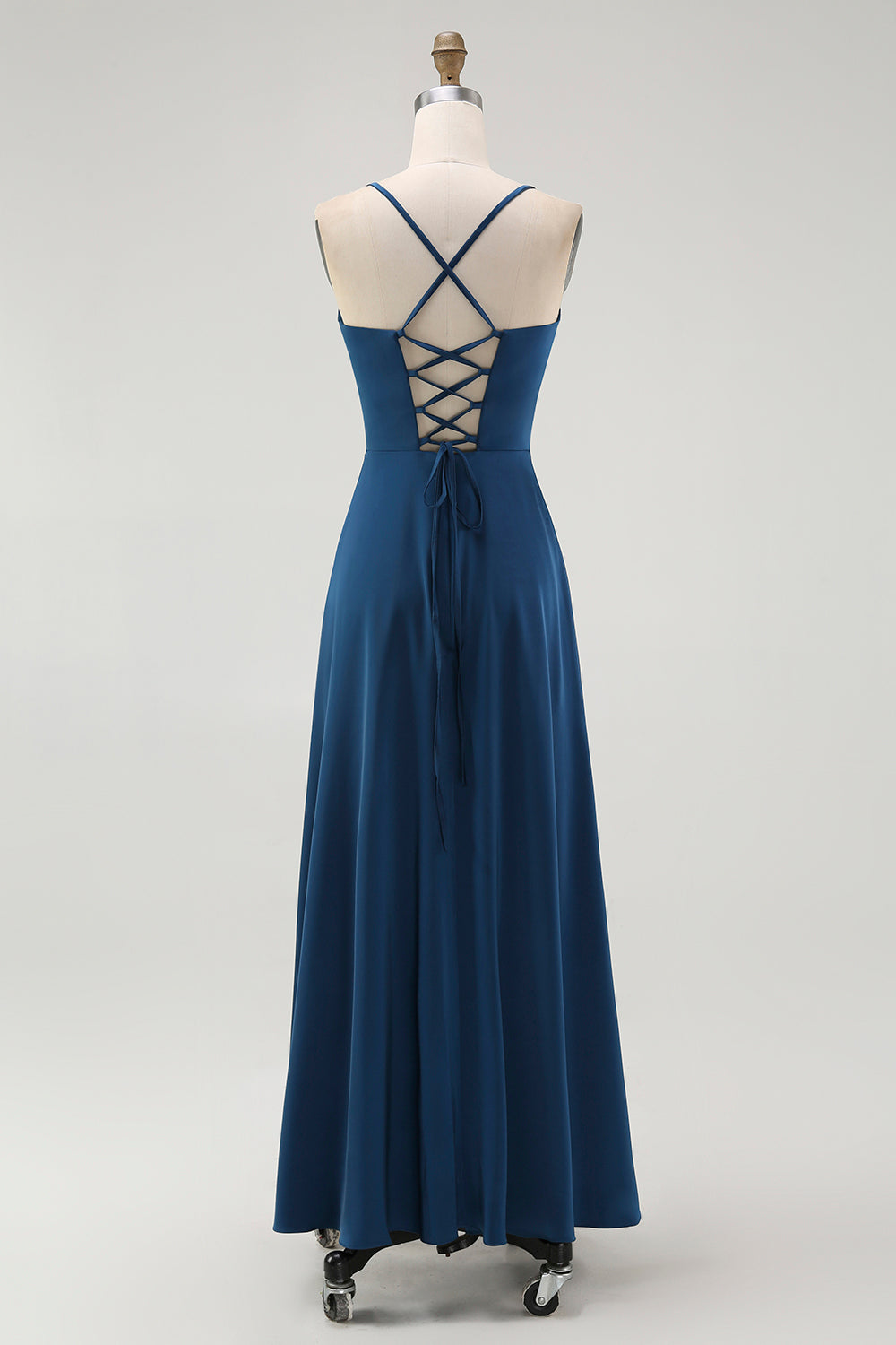 Dark Blue Satin Spaghetti Straps Long Bridesmaid Dress