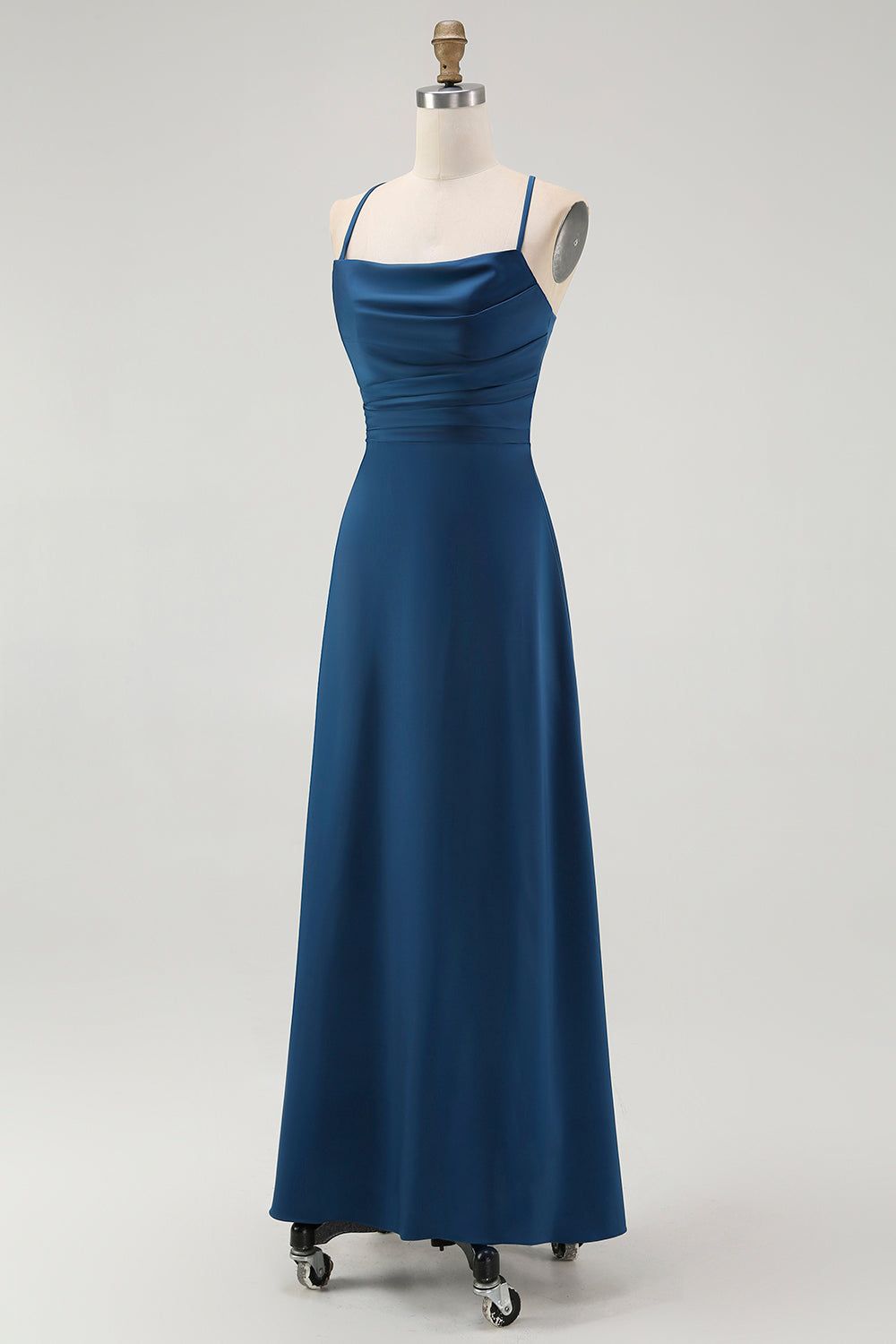 Dark Blue Satin Spaghetti Straps Long Bridesmaid Dress