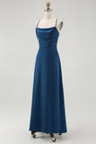 Dark Blue Satin Spaghetti Straps Long Bridesmaid Dress