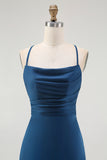 Dark Blue Satin Spaghetti Straps Long Bridesmaid Dress