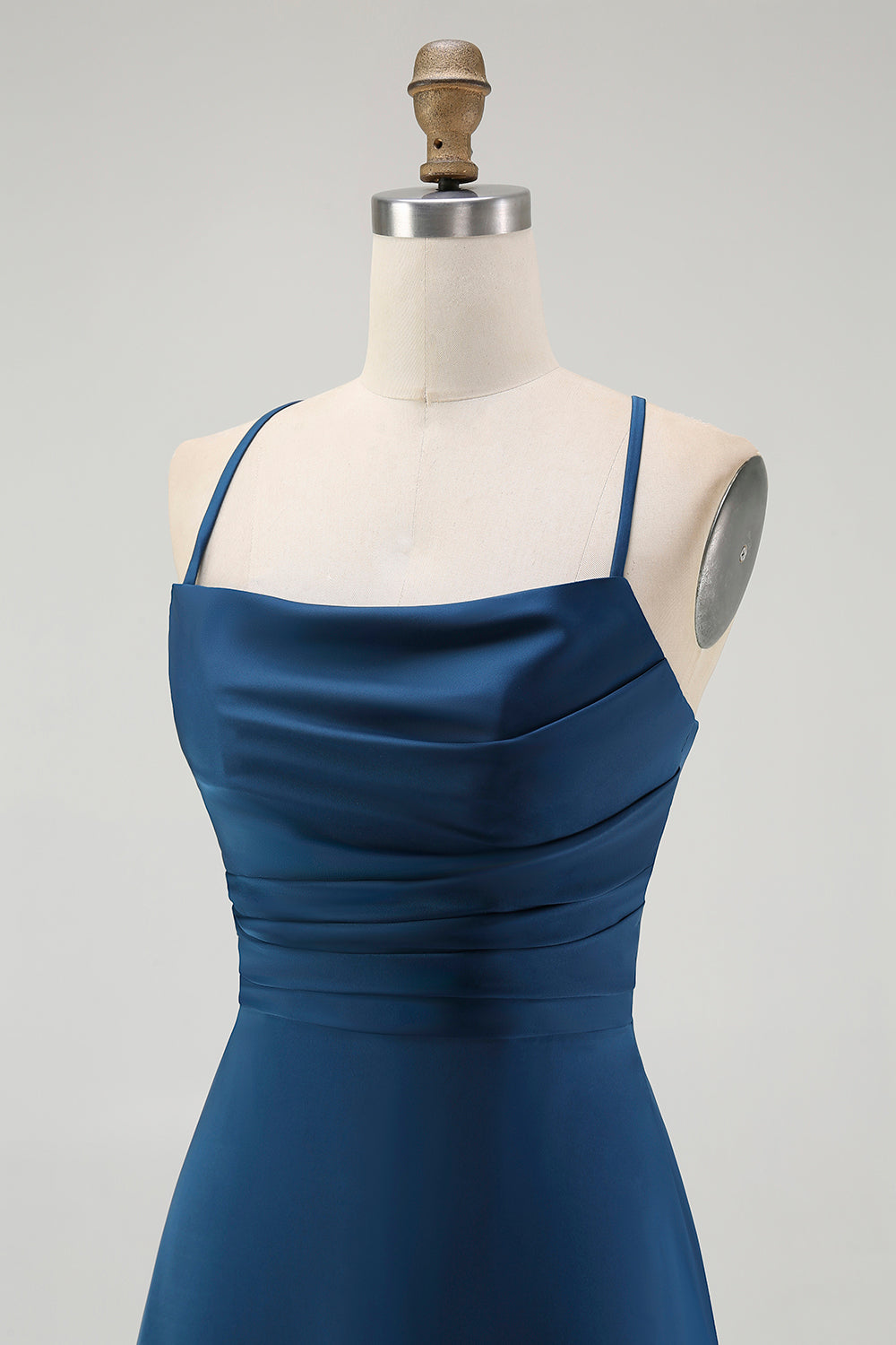 Dark Blue Satin Spaghetti Straps Long Bridesmaid Dress