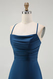 Dark Blue Satin Spaghetti Straps Long Bridesmaid Dress