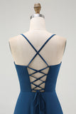 Dark Blue Satin Spaghetti Straps Long Bridesmaid Dress