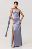 Simple Dusty Blue V-Neck Satin Long Bridesmaid Dress with Slit