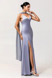 Simple Dusty Blue V-Neck Satin Long Bridesmaid Dress with Slit