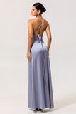 Simple Dusty Blue V-Neck Satin Long Bridesmaid Dress with Slit