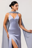 Simple Dusty Blue V-Neck Satin Long Bridesmaid Dress with Slit