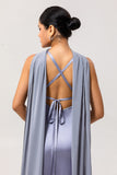 Simple Dusty Blue V-Neck Satin Long Bridesmaid Dress with Slit