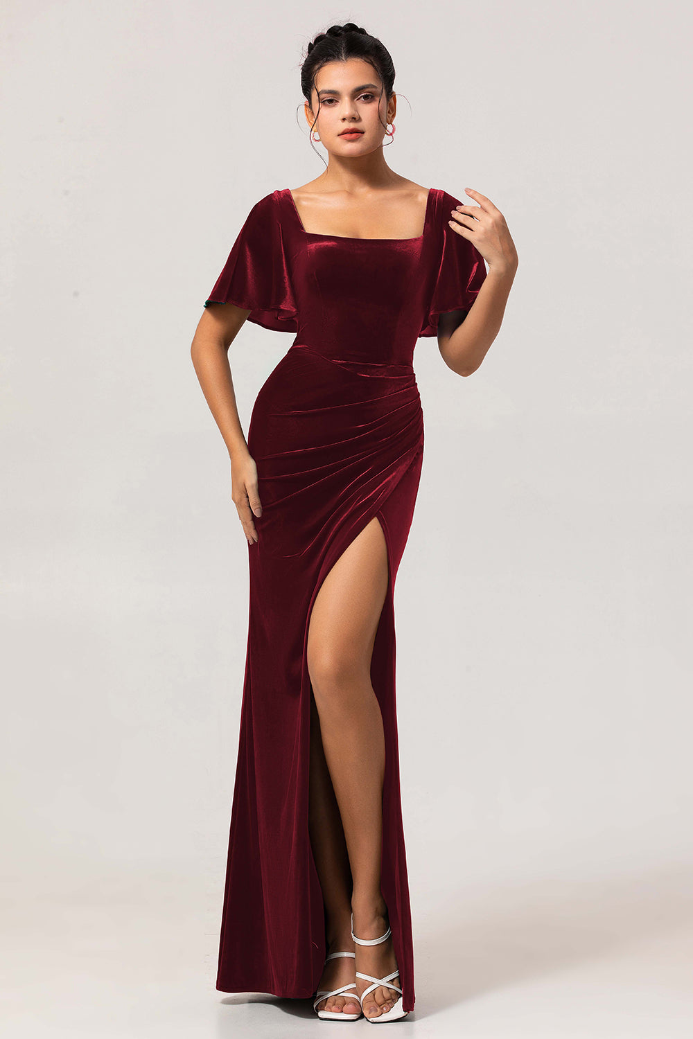 Zapakasa Women Peacock Green Velvet Long Bridesmaid Dress with Slit Short Sleeves Scoop Neck Mermaid Wedding Guest Dress Zapakasa Women Peacock Green Velvet Long Bridesmaid Dress with Slit Short Sleeves Scoop Neck Mermaid Wedding Guest Dress