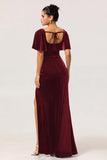 Peacock Green Scoop Neck Long Velvet Bridesmaid Dress with Sleeves