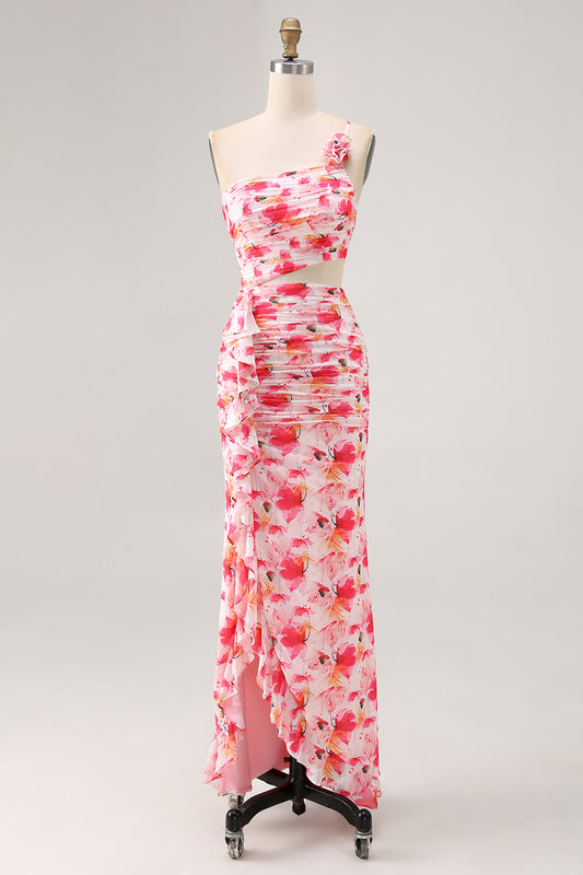 Pink Flower Cut Out Ruffled One Shoulder Long Bridesmaid Dress with Slit