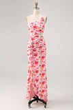 Pink Flower Cut Out Ruffled One Shoulder Long Bridesmaid Dress with Slit