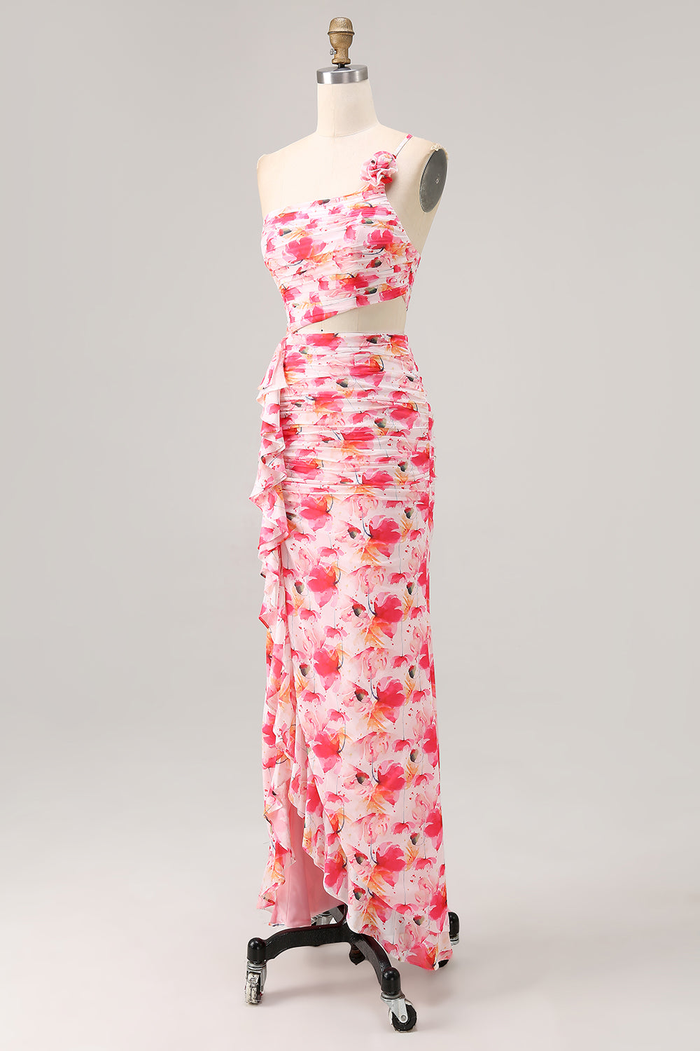 Pink Flower Cut Out Ruffled One Shoulder Long Bridesmaid Dress with Slit