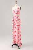 Pink Flower Cut Out Ruffled One Shoulder Long Bridesmaid Dress with Slit