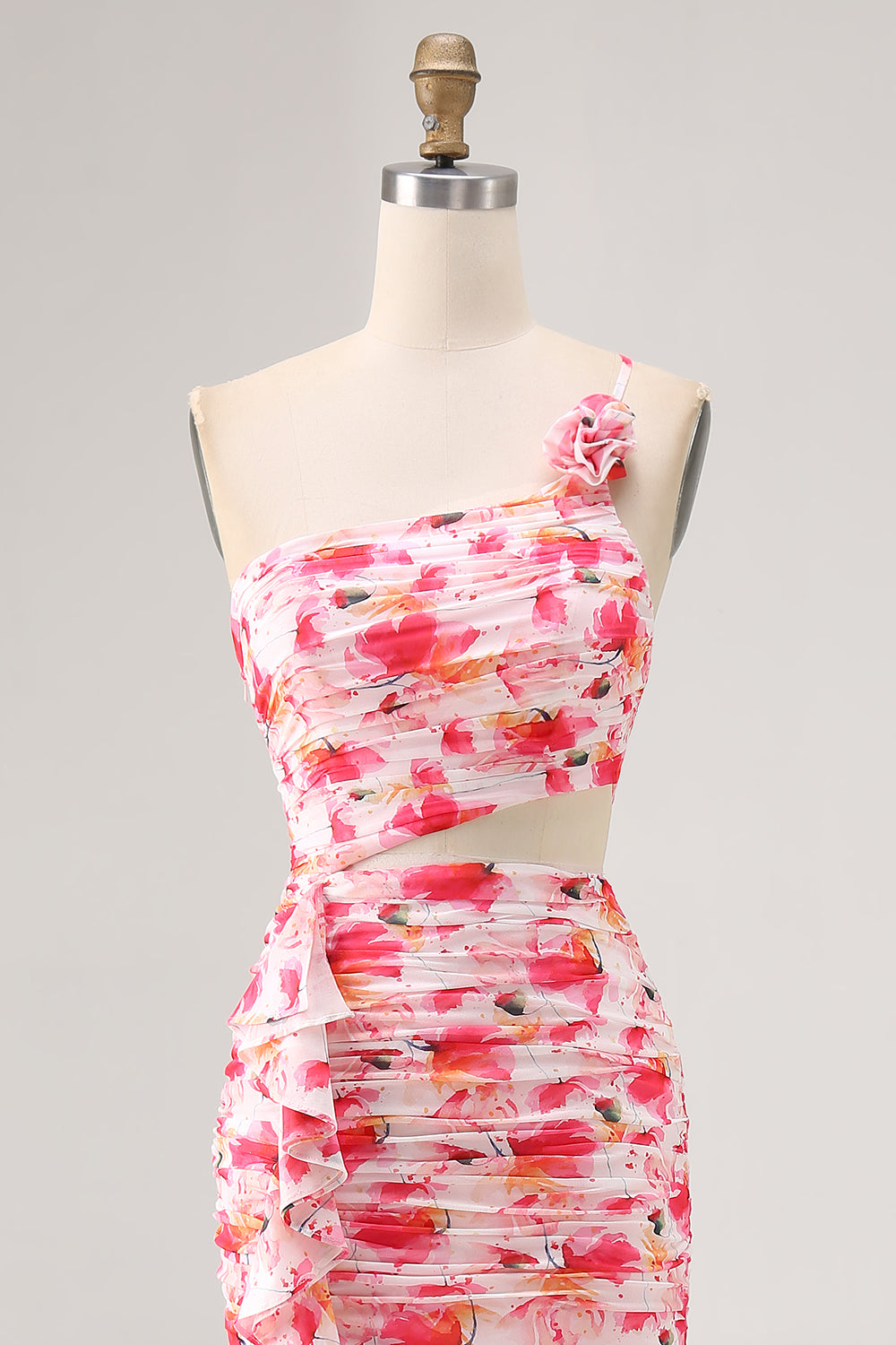 Pink Flower Cut Out Ruffled One Shoulder Long Bridesmaid Dress with Slit