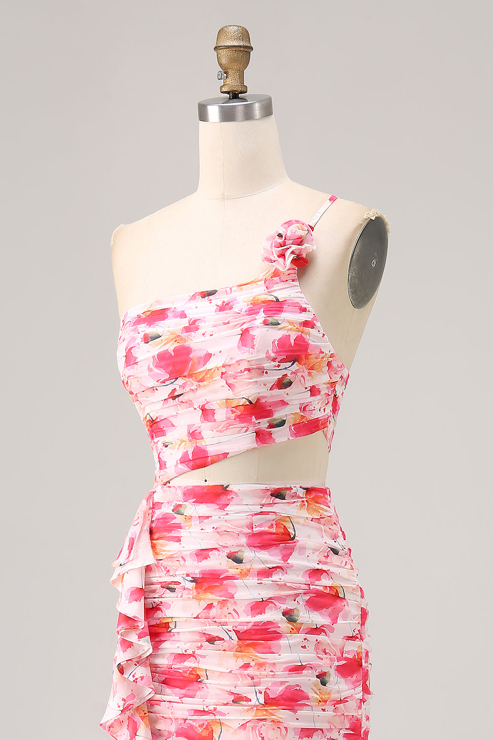 Pink Flower Cut Out Ruffled One Shoulder Long Bridesmaid Dress with Slit