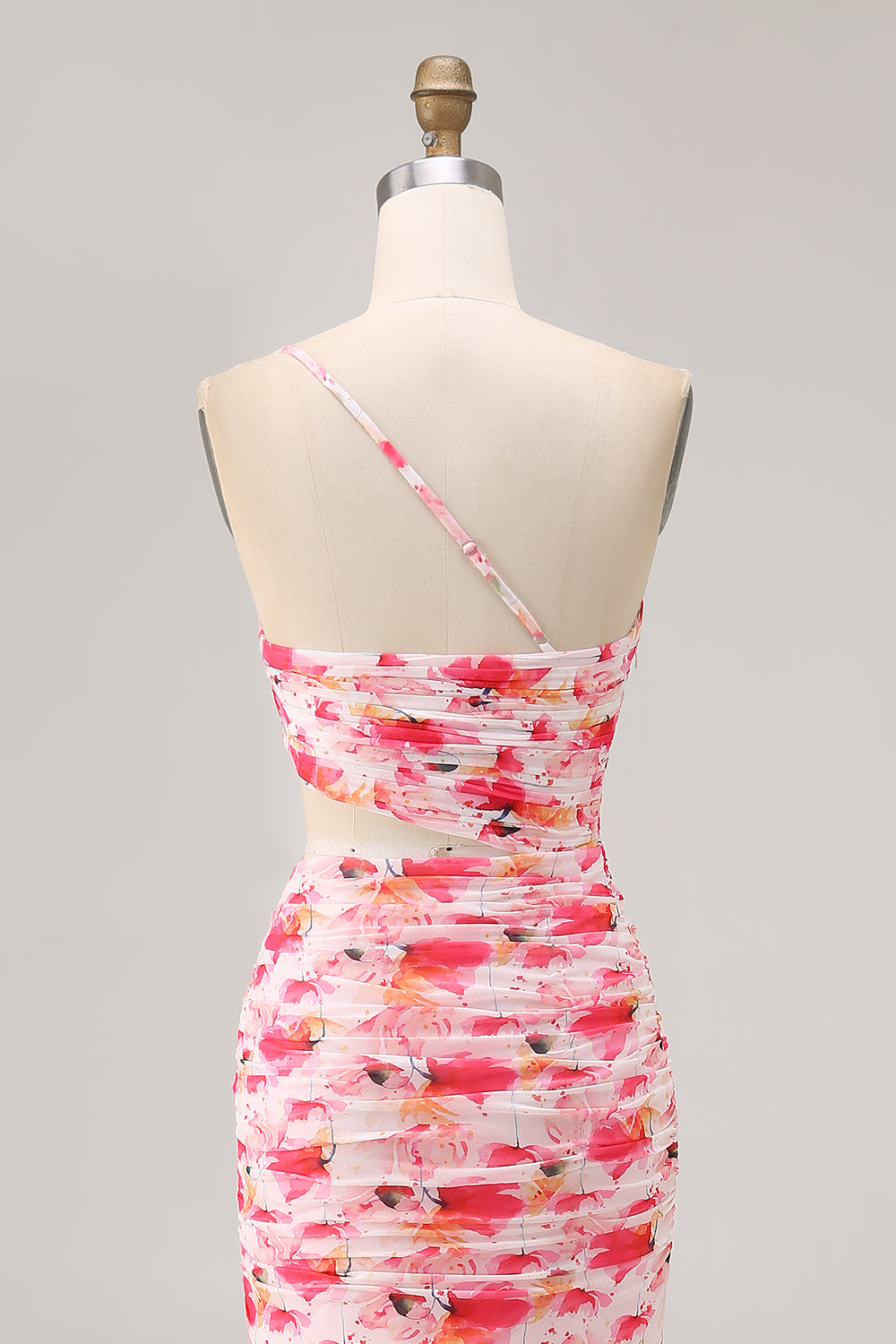 Pink Flower Cut Out Ruffled One Shoulder Long Bridesmaid Dress with Slit