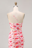 Pink Flower Cut Out Ruffled One Shoulder Long Bridesmaid Dress with Slit