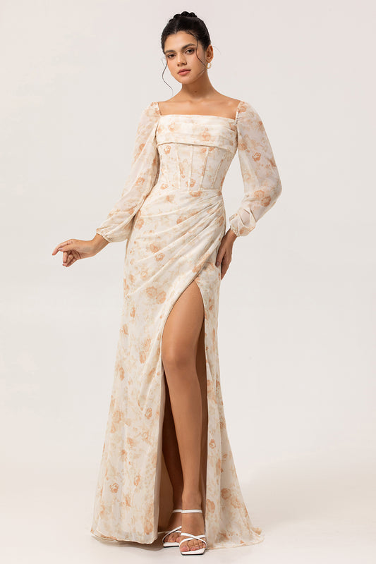 Yellow Corset Floral Long Sleeves Bridesmaid Dress with Slit