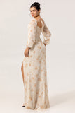 Yellow Corset Floral Long Sleeves Bridesmaid Dress with Slit