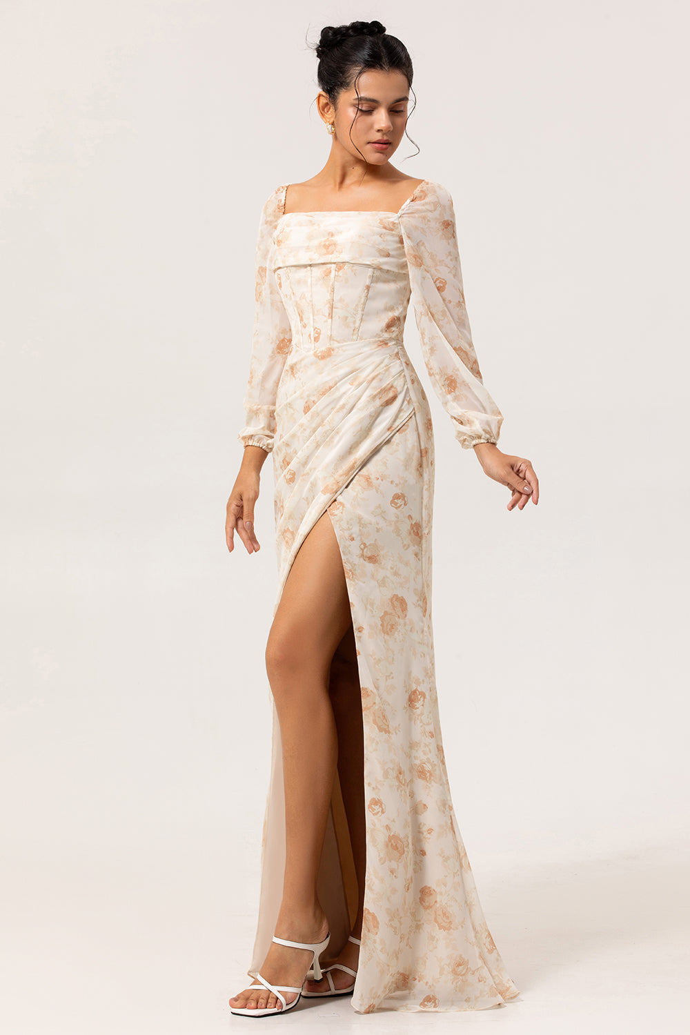 Yellow Corset Floral Long Sleeves Bridesmaid Dress with Slit