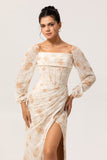 Yellow Corset Floral Long Sleeves Bridesmaid Dress with Slit