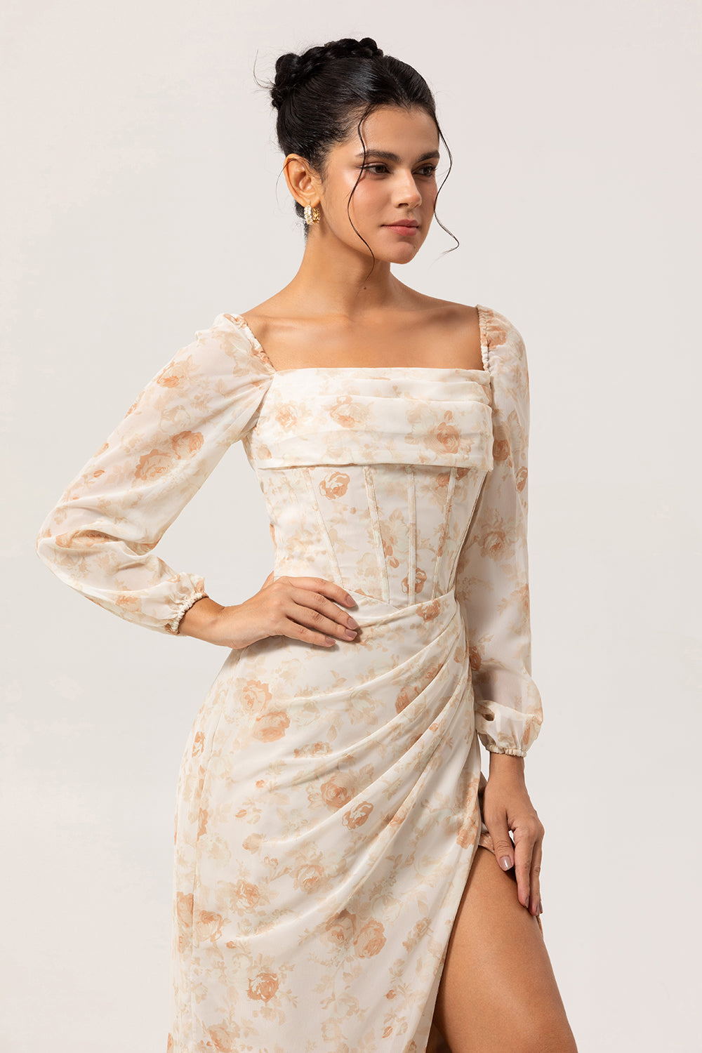Yellow Corset Floral Long Sleeves Bridesmaid Dress with Slit