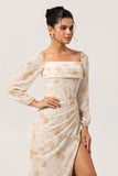 Yellow Corset Floral Long Sleeves Bridesmaid Dress with Slit