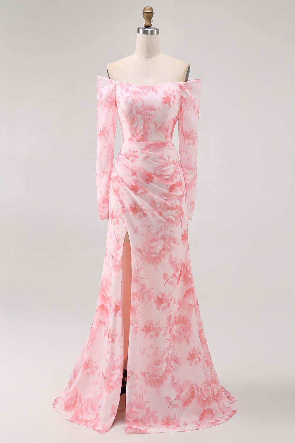 Pink Floral Mermaid Long Sleeves Long Wedding Guest Dress with Slit