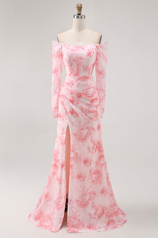 Pink Floral Mermaid Long Sleeves Long Wedding Guest Dress with Slit
