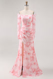 Pink Floral Mermaid Long Sleeves Long Wedding Guest Dress with Slit